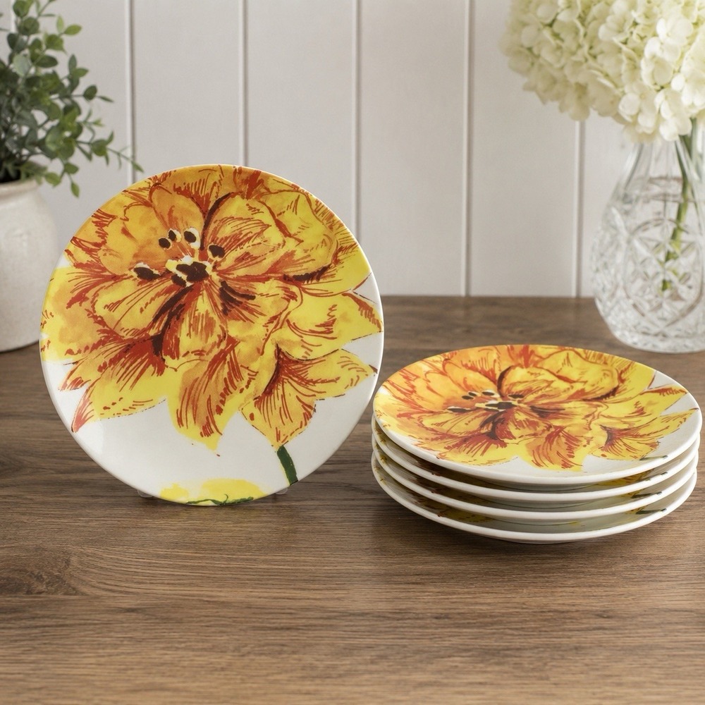 5 POTTERY BARN Graphic Garden 8" Plate Salad/Dessert Plate Yellow Orange Flower